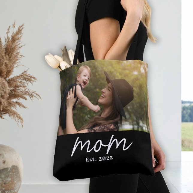 Mom Established Script Black Photo Tote Bag (Creator Uploaded)