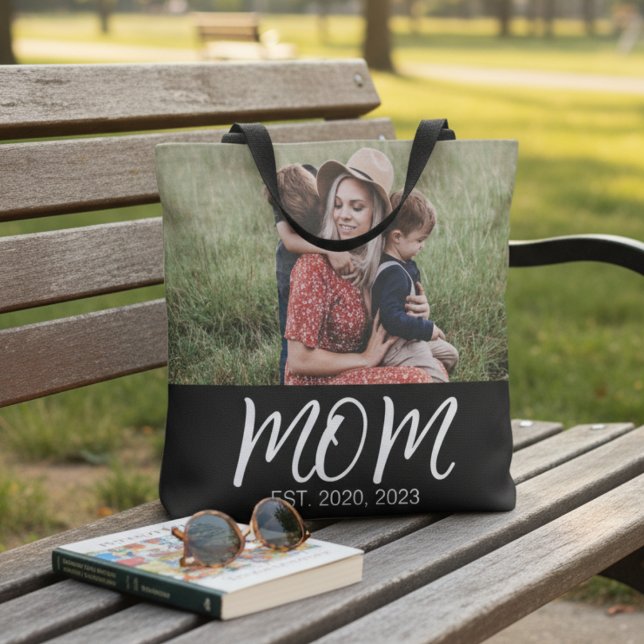 Mom Established Script Black Photo Tote Bag (Creator Uploaded)