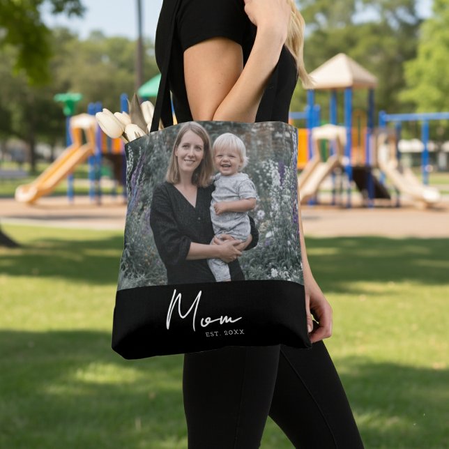 Mom Established Script Black Photo Tote Bag (Creator Uploaded)