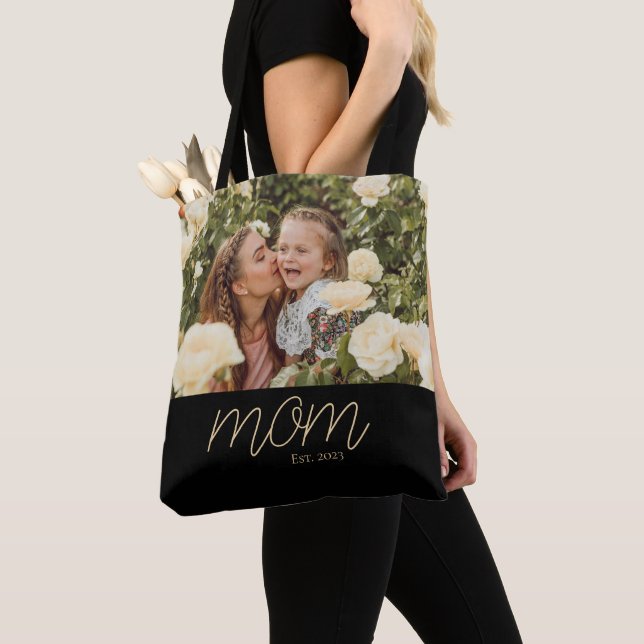 Mom Established Script Black Photo Tote Bag (Close Up)