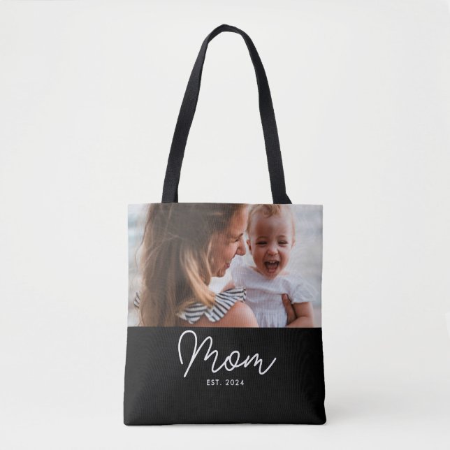 Mom Established Script Black Photo Tote Bag (Front)