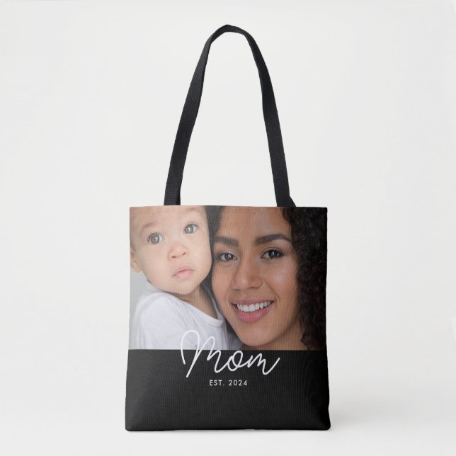 Mom Established Script Black Photo Tote Bag (Front)