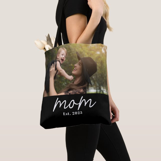 Mom Established Script Black Photo Tote Bag (Close Up)