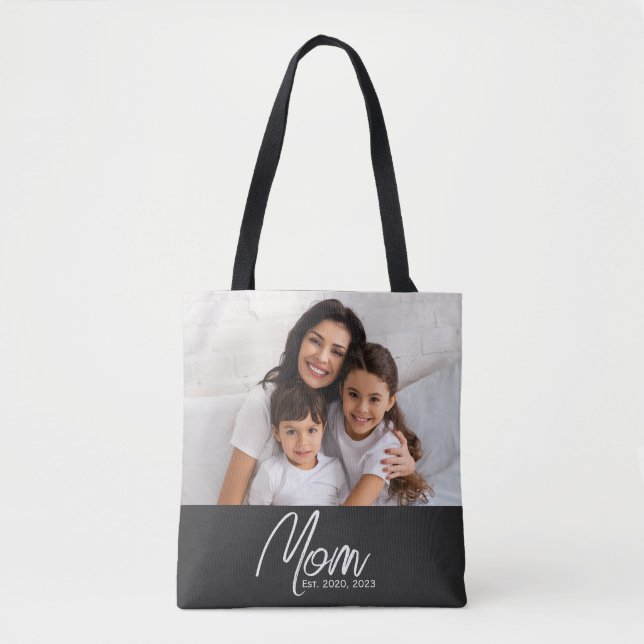 Mom Established Script Black Photo Tote Bag (Front)