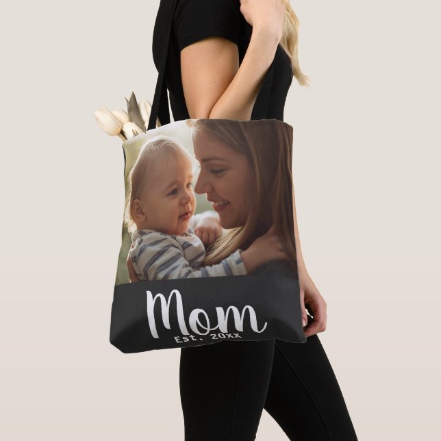 Mom Established Script Black Photo Tote Bag (Close Up)