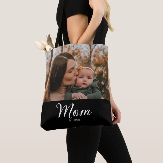 Mom Established Script Black Photo Tote Bag (Close Up)