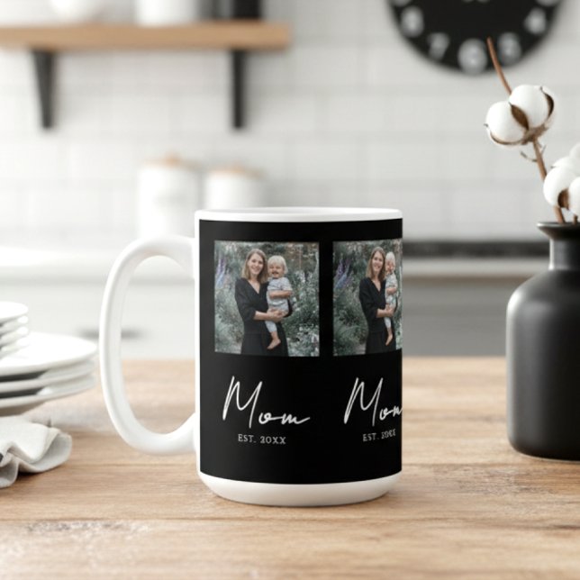 Mom Established Script Black Repeat Photo Coffee Mug (Creator Uploaded)