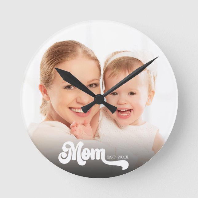 Mom Established Script Custom Photo Round Clock (Front)