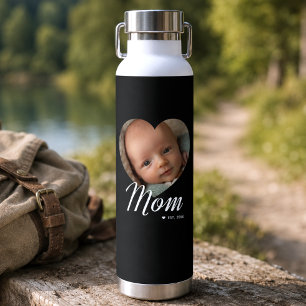 Mom Established Script Heart Photo Black Insulated Water Bottle