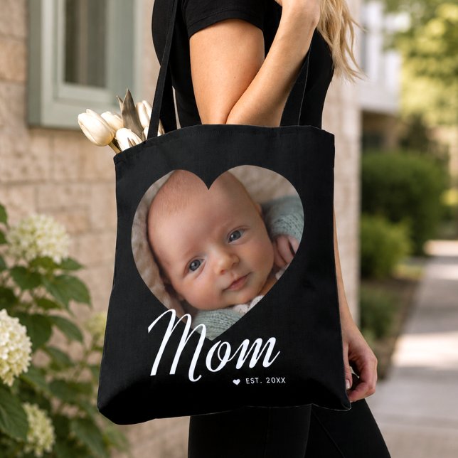 Mom Established Script Heart Photo Black Tote Bag (Creator Uploaded)