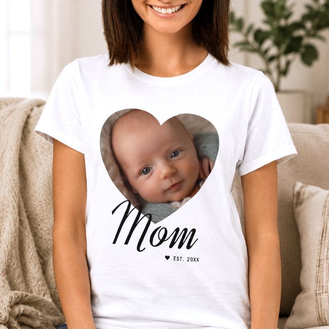 Mom Established Script Heart Photo White T-Shirt (Creator Uploaded)