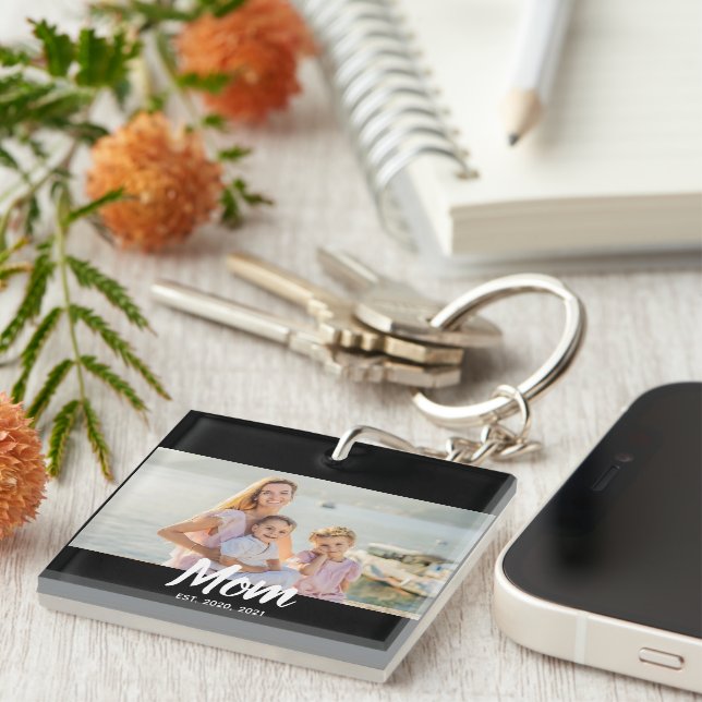 Mom Established Script Photo Custom Date Keychain (Front Right)