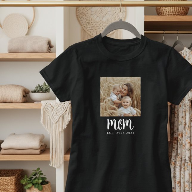 Mom Established Script Photo T-Shirt (minimal black and white mom established custom tshirt with photo and space for more than one child)