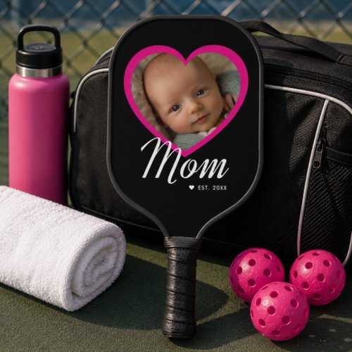 Mom Established Script Pink Heart Photo Black Carb Carbon Fiber Pickleball Paddle