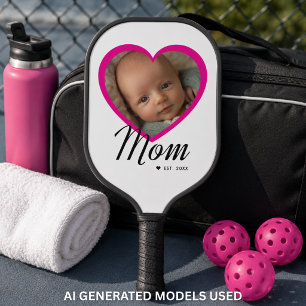 Mom Established Script Pink Heart Photo White Carbon Fiber Pickleball Paddle