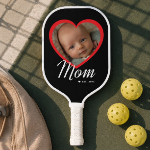 Mom Established Script Red Heart Photo Black Carbon Fiber Pickleball Paddle