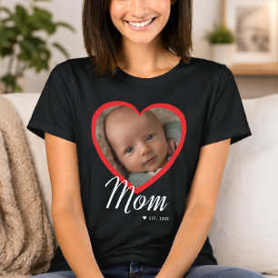 Mom Established Script Red Heart Photo Black T-Shirt