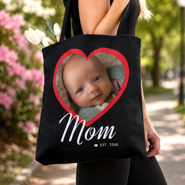 Mom Established Script Red Heart Photo Black Tote Bag (Creator Uploaded)