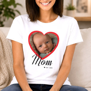 Mom Established Script Red Heart Photo White T-Shirt