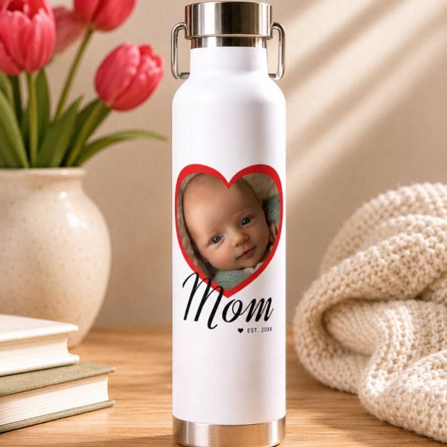 Mom Established Script Red Heart Photo White Water Bottle (Mom Established Script Red Heart Photo White Water Bottle)