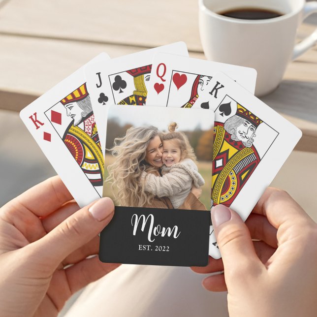 Mom Established Script Text Black Photo Poker Cards (Mom established in white script with a favorite personalized photo)