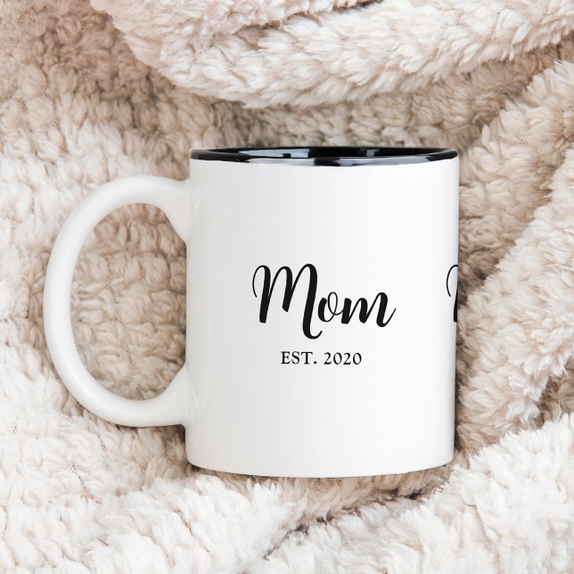 Mom Established Script Text Mom Gift Two-Tone Coffee Mug (Mom established elegant script mug gift with personalizable monogram name and year of becoming a mom)