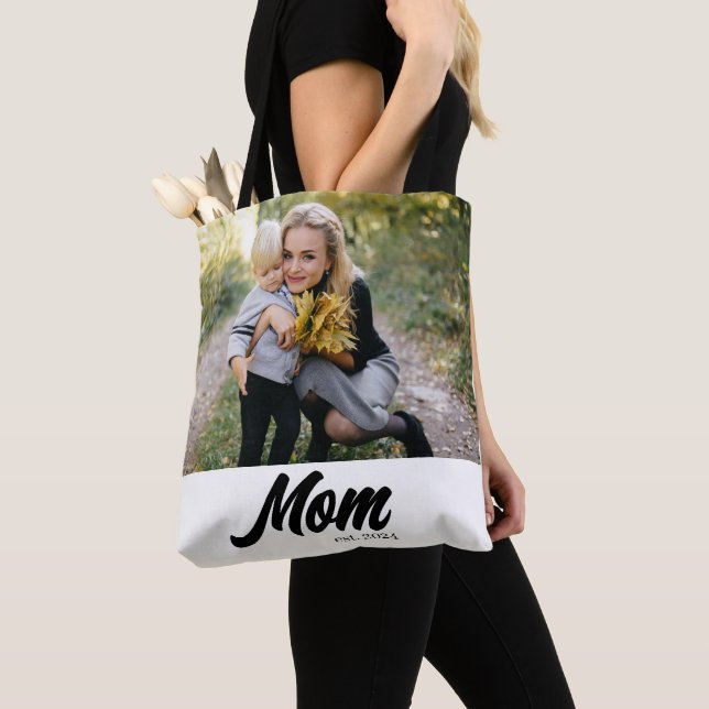 Mom Established Script White Photo Tote Bag (Close Up)