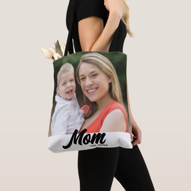 Mom Established Script White Photo Tote Bag (Close Up)