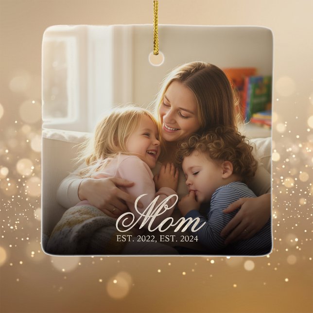 Mom Established White Elegant Script Photo Ceramic Ornament (Mom Established White Elegant Script Photo Ceramic Ornament)