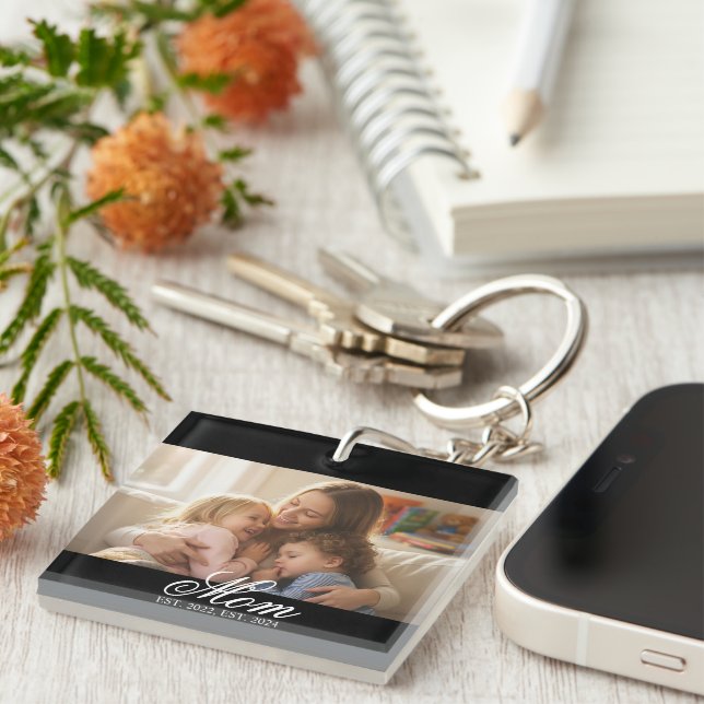 Mom Established White Elegant Script Photo Keychain (Front Right)
