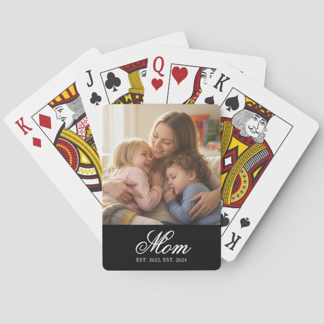 Mom Established White Elegant Script Photo Poker Cards (Back)