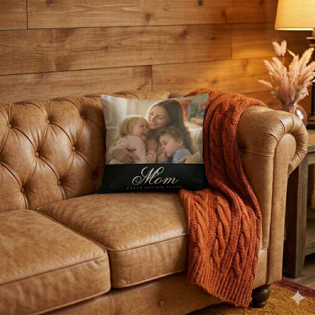 Mom Established White Elegant Script Photo Throw Pillow (Mom Established White Elegant Script Photo Throw Pillow)