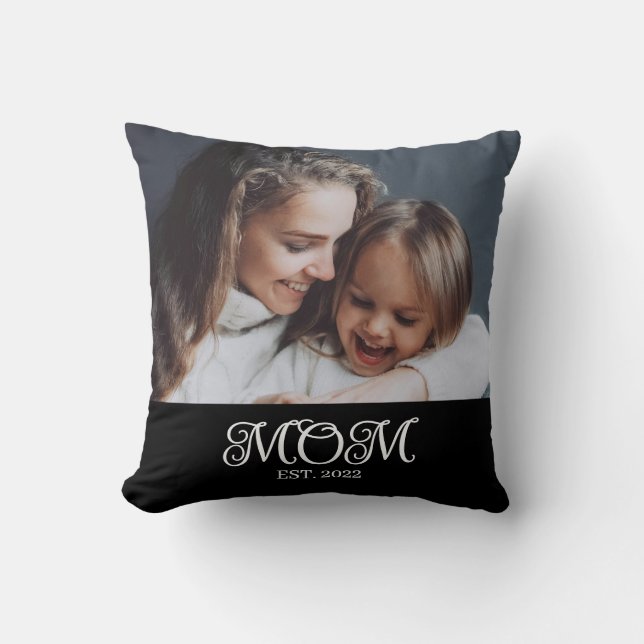 Mom Established White Modern Script Photo Throw Pillow (Front)