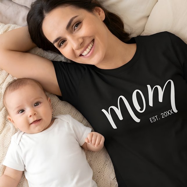 Mom Established White Script Custom Year New Mama T-Shirt (Creator Uploaded)