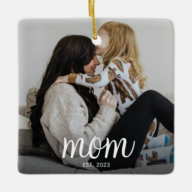 Mom Established White Script Photo Ceramic Ornament (Front)