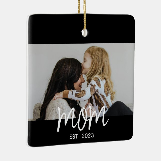 Mom Established White Script Photo Ceramic Ornament (Right)