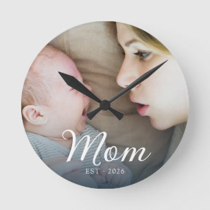 Mom Established White Script Photo Round Clock
