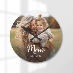 Mom Established White Script Photo Round Clock