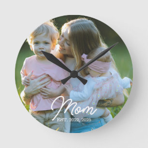 Mom Established White Script Photo Round Clock