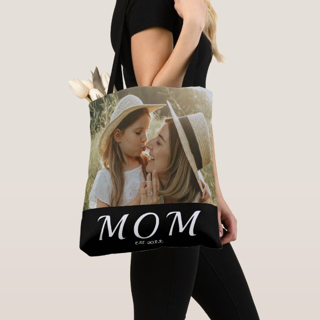 Mom Established White Script Photo Tote Bag (Close Up)