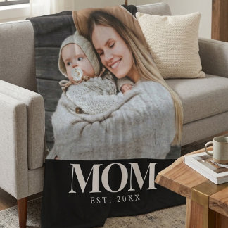 Mom Established White Typography Photo Gift Fleece Blanket