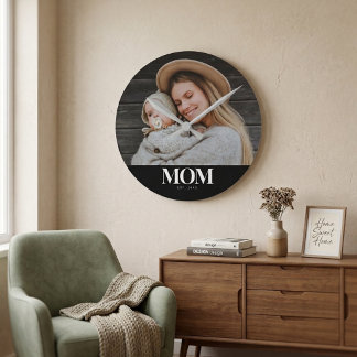 Mom Established White Typography Photo Gift Round Clock