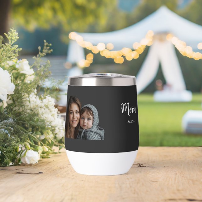 Mom Established Year Black Modern Script  Thermal Wine Tumbler (Wedding (Rotated))