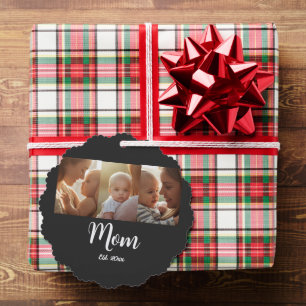 Mom Established Year Modern Script Black 3 Photo Ornament Card