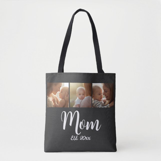 Mom Established year Script Black 3 Photo Tote Bag (Front)