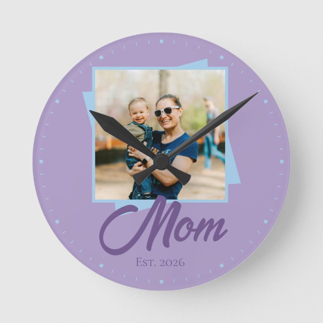 Mom Established Year with Custom Photo Round Clock (Front)