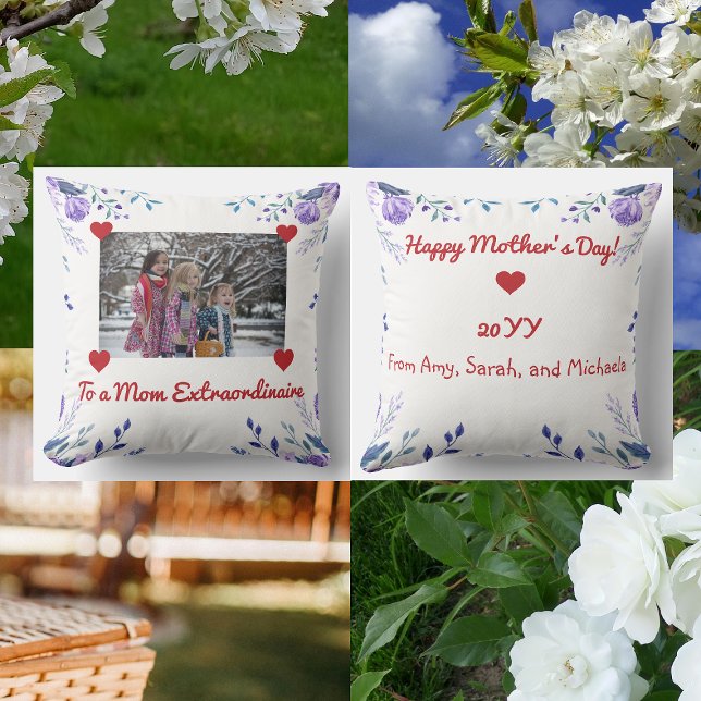 Mom Extraordinaire Hearts Photo Floral Chic Script Throw Pillow (To a Mom Extraordinaire. Elegant and cute floral photo pillow with hearts)