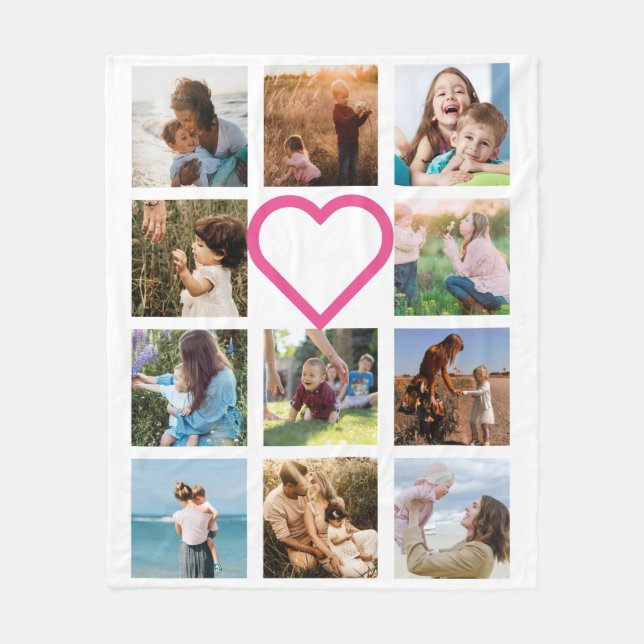 Mom Family Photo Collage Pink Heart Fleece Blanket (Front)