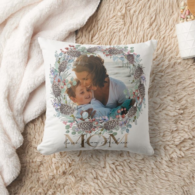Mom Faux Gold Typography Botanical Christmas Throw Pillow (Blanket)