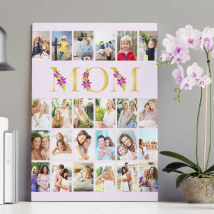 Mom Floral Gold Letters 24 Vertical Photo Collage Canvas Print